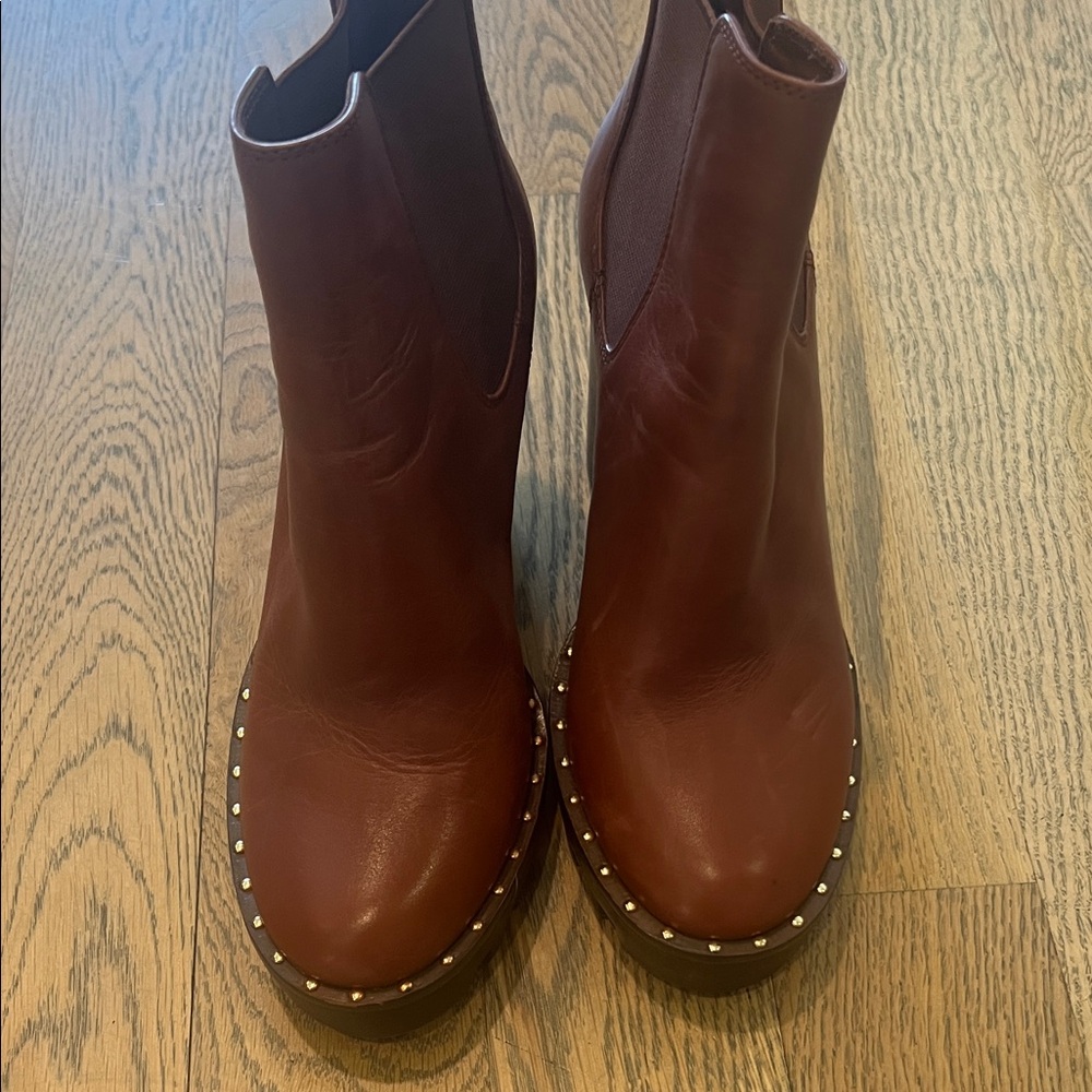 ANTONIO MELANI Leather Studded Platform/Stacked Heel Bootie